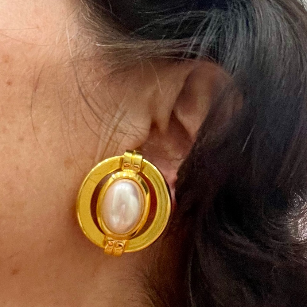 Gold Pearl Clip On Earrings - Picture 5 of 16
